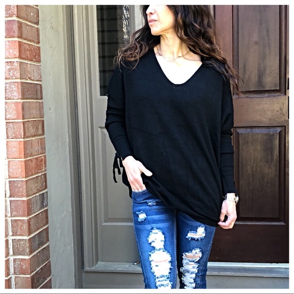 PARIS black V neck loose fit tie up detail sweater - Picture 3 of 8